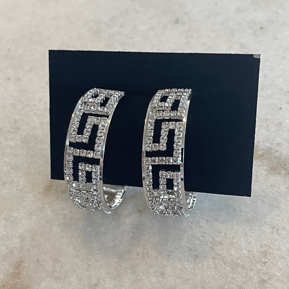 🆕 Silver Rhinestone Greek Key Large Med Hoop Earrings 1.5” with Box womens - Picture 2 of 8